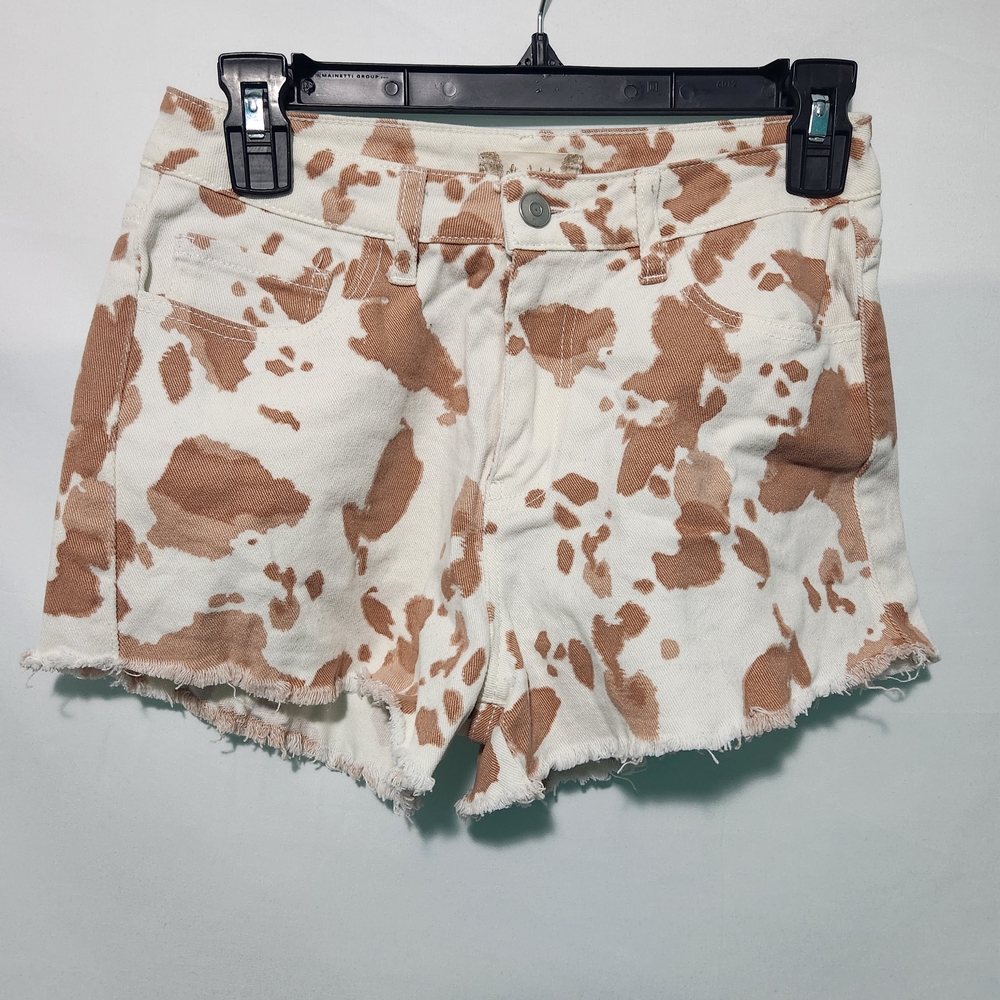Altar'd State Brown & White Cow Print Jean Shorts. Distressed. Size Small.